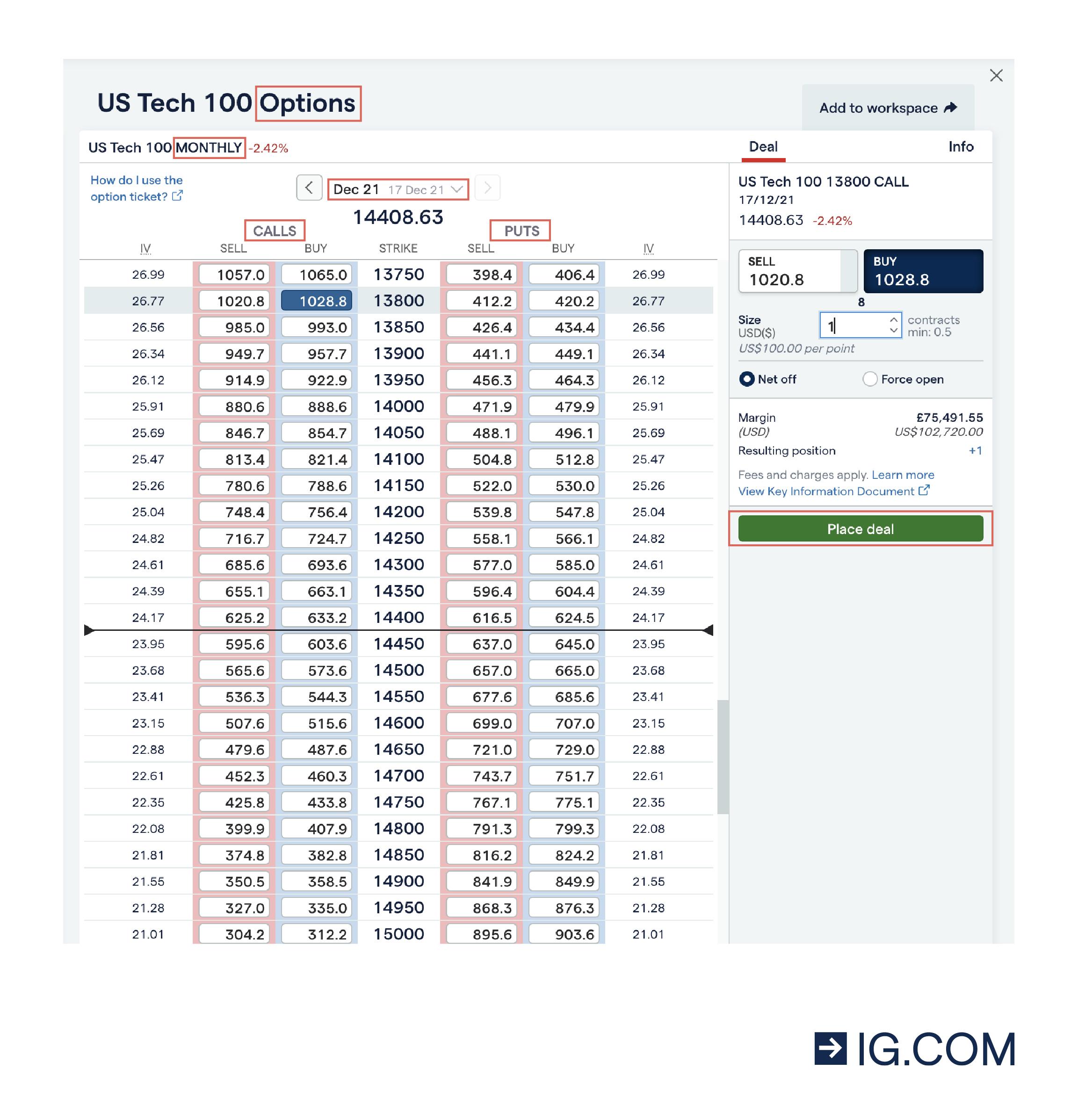 US Tech 100 options screenshot